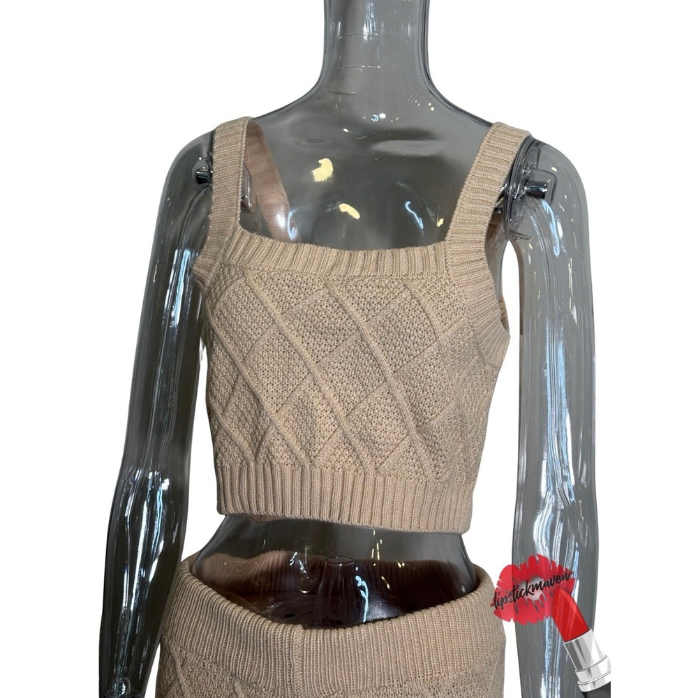 Womens Knit Set Medium Tan Neutral Two‎ Piece Crop Top Flare Pants NWT Baevely - Picture 3 of 12